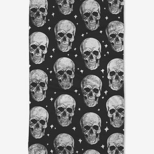 2 HALLOWEEN WITCH'S BREW KITCHEN TOWELS BLACK WHITE GOLD SPELL ON YOU  SKULLS